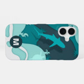Coque iPhone 16 Monogramme d'art abstrait de requin cool (Verso Horizontal)