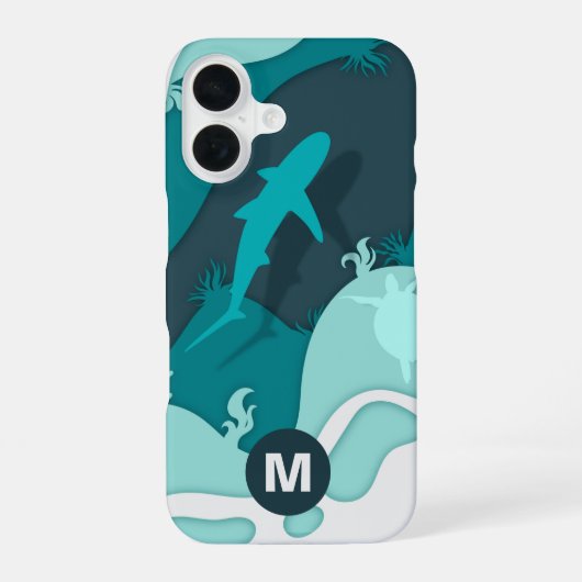 Coque iPhone 16 Monogramme d'art abstrait de requin cool (Verso)