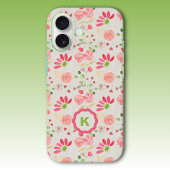 Coque iPhone 16 Monogramme de botanique florale rose et verte
