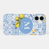 Coque iPhone 16 Monogramme de citron, carreau bleu (Verso Horizontal)