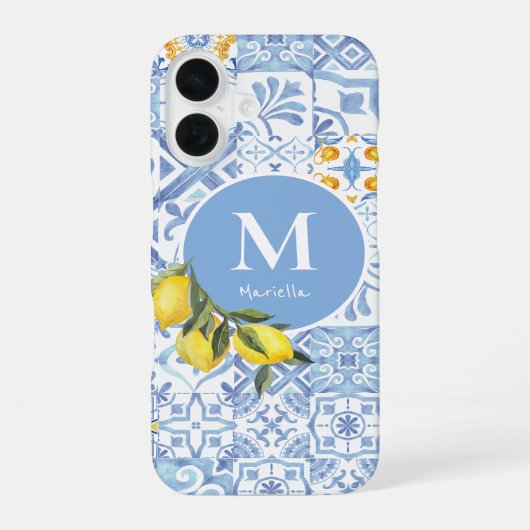 Coque iPhone 16 Monogramme de citron, carreau bleu (Verso)