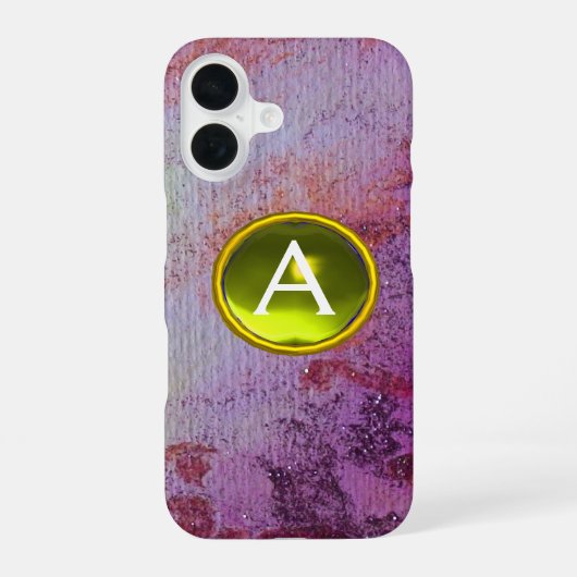 Coque iPhone 16 MONOGRAMME DE GEMME ABSTRAITE violet jaune (Verso)