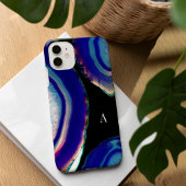 Coque iPhone 16 Monogramme de géode d'agate indigo chic