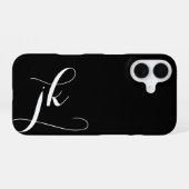 Coque iPhone 16 Monogramme de nom de script noir et blanc moderne (Verso Horizontal)