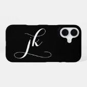 Coque iPhone 16 Monogramme de nom de script noir et blanc moderne (Verso Horizontal)