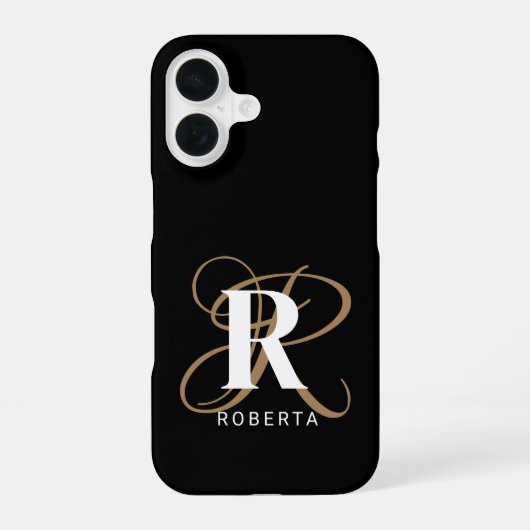 Coque iPhone 16 Monogramme de nom de script or noir élégant (Verso)