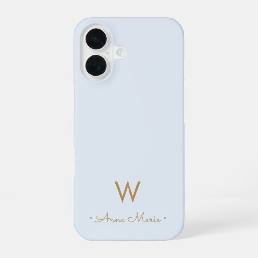 Coque iPhone 16 Monogramme de script en or bleu clair moderne (Verso)