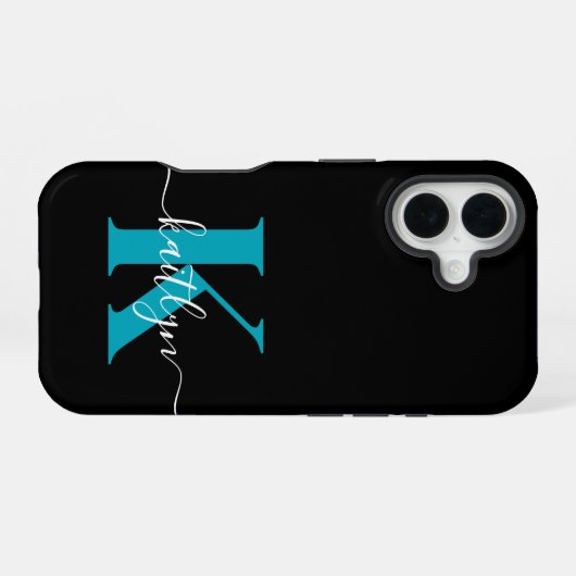 Coque iPhone 16 Monogramme de script sarcelle noir moderne (Verso Horizontal)
