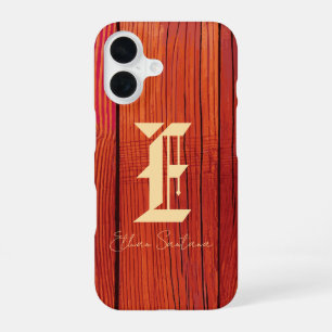 Coque iPhone 16 Monogramme de texture de bois rustique