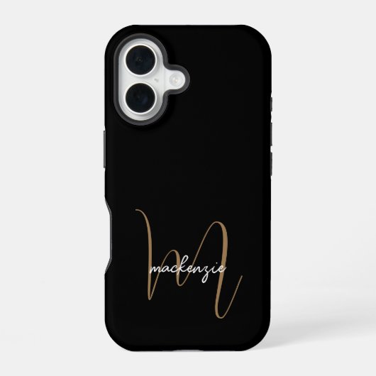 Coque iPhone 16 Monogramme d'or noir moderne Nom du script féminin (Verso)