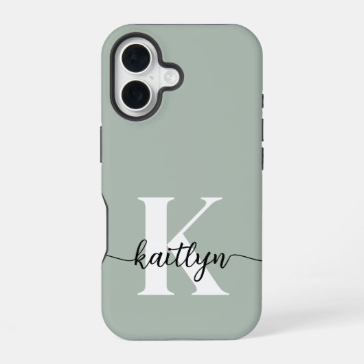 Coque iPhone 16 Monogramme écriture vert sauge (Verso)