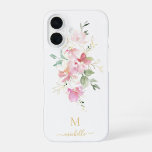 Coque iPhone 16 Monogramme élégant floral rose écriture dorée