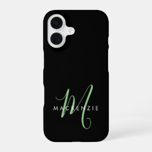 Coque iPhone 16 Monogramme élégant moderne noir vert écriture