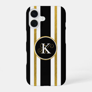 Coque iPhone 16 Monogramme Elégant Noir & Or Personnalisé