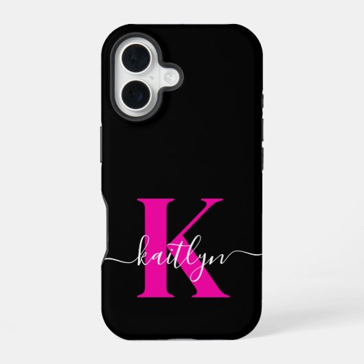 Coque iPhone 16 Monogramme élégant noir rose vif écriture (Verso)