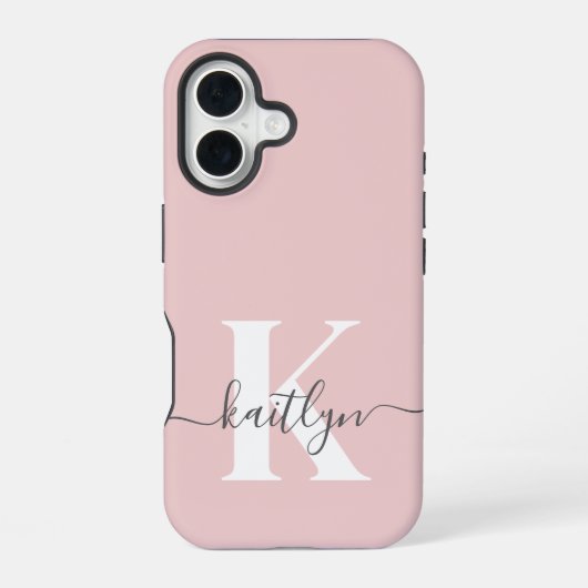 Coque iPhone 16 Monogramme élégant rose poudré gris (Verso)