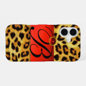 COQUE iPhone 16 MONOGRAMME EN PIERRE ROUGE DE LA FOURRURE LÉOPARDE (Verso Horizontal)
