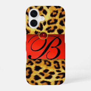 COQUE iPhone 16 MONOGRAMME EN PIERRE ROUGE DE LA FOURRURE LÉOPARDE