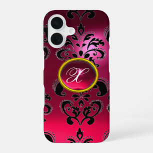COQUE iPhone 16 MONOGRAMME EN PIERRES PRÉCIEUSES DAMASSÉ NOIR FUCH