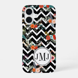 Coque iPhone 16 Monogramme floral chevron noir et blanc