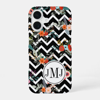Coque iPhone 16 Monogramme floral chevron noir et blanc