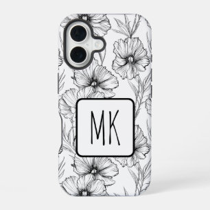 Coque iPhone 16 Monogramme floral noir et blanc moderne