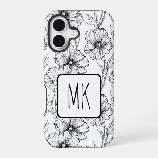 Coque iPhone 16 Monogramme floral noir et blanc moderne (Verso)