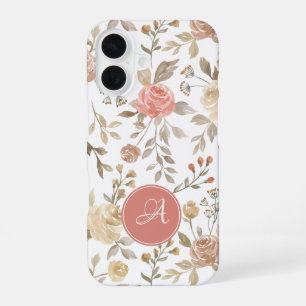 Coque iPhone 16 Monogramme floral rose poudrée aquarelle