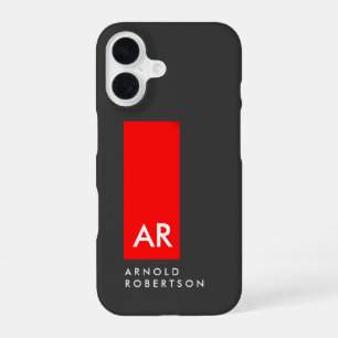 Coque iPhone 16 Monogramme gris rouge moderne Ajouter Remplacer no