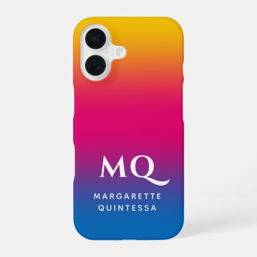 Coque iPhone 16 Monogramme initial blanc dégradé bleu rose jaune (Verso)