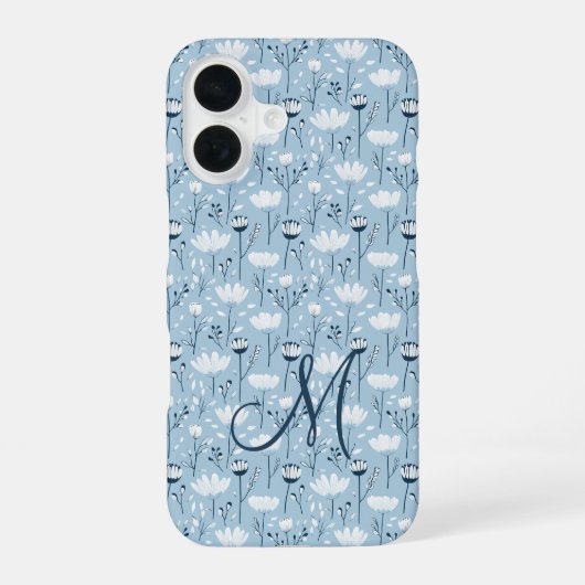 Coque iPhone 16 Monogramme Initial Boho Bleu Blanc Floral Tendance (Verso)