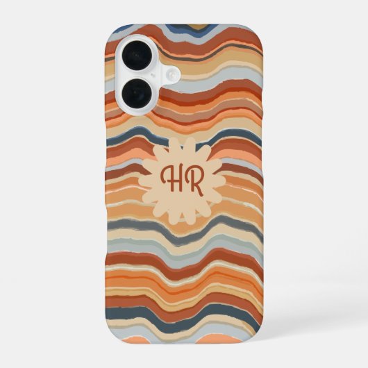 Coque iPhone 16 Monogramme Initiales Bandes Rétro Vagues Bleu Oran (Verso)