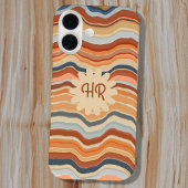 Coque iPhone 16 Monogramme Initiales Bandes Rétro Vagues Bleu Oran