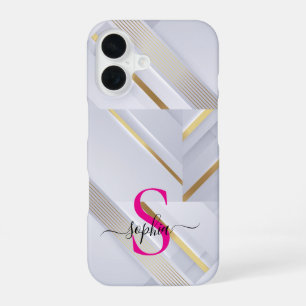 Coque iPhone 16 monogramme lignes dorées marbre blanc