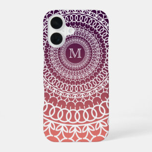 Coque iPhone 16 Monogramme Mandala Orange et Violet de Soleil Couc