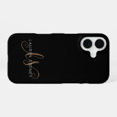 Coque iPhone 16 Monogramme moderne en écriture féminine or noir (Verso Horizontal)