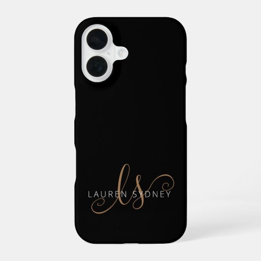 Coque iPhone 16 Monogramme moderne en écriture féminine or noir (Verso)