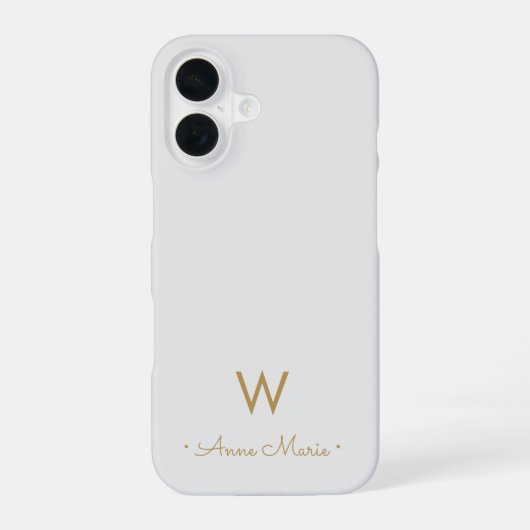 Coque iPhone 16 Monogramme Moderne Gris Clair Or Script (Verso)