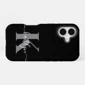 Coque iPhone 16 Monogramme moderne gris noir script (Verso Horizontal)