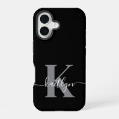 Coque iPhone 16 Monogramme moderne gris noir script (Verso)