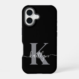 Coque iPhone 16 Monogramme moderne gris noir script