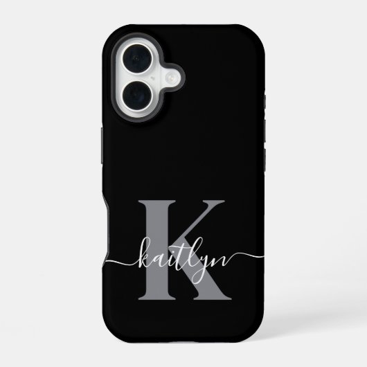 Coque iPhone 16 Monogramme moderne gris noir script (Verso)
