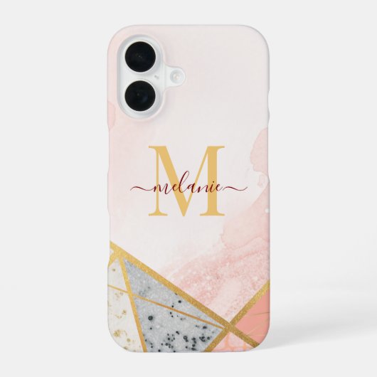 Coque iPhone 16 monogramme moderne luxe rose brillant (Verso)