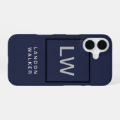 Coque iPhone 16 Monogramme moderne simple professionnel bleu nuit (Verso Horizontal)