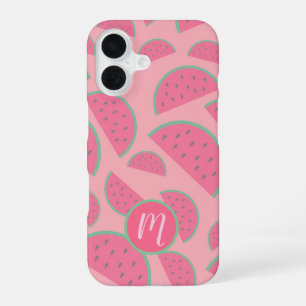 Coque iPhone 16 Monogramme Motif de pastèque rose