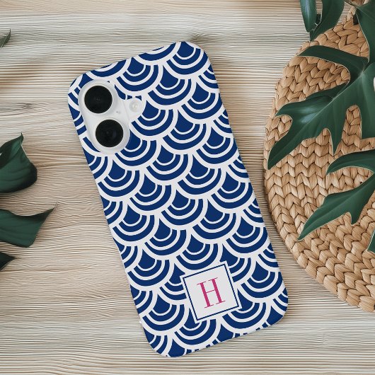 Coque iPhone 16 Monogramme Motif rose et marine