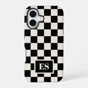 Coque iPhone 16 Monogramme noir et crème À damiers Motif