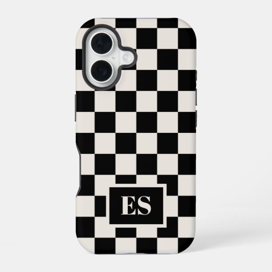 Coque iPhone 16 Monogramme noir et crème À damiers Motif (Verso)