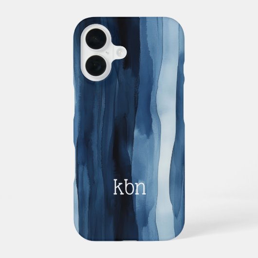 Coque iPhone 16 Monogramme Nom Initial Bleu Blanc Aquarelle Rayure (Verso)