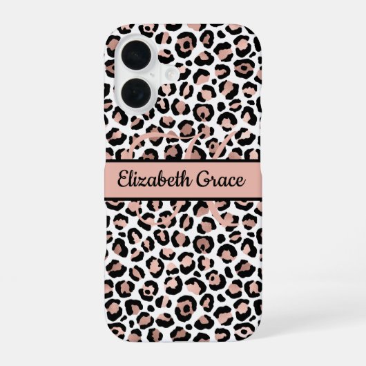 Coque iPhone 16 Monogramme Nom Rose Gold Imprimé Léopard Noir (Verso)